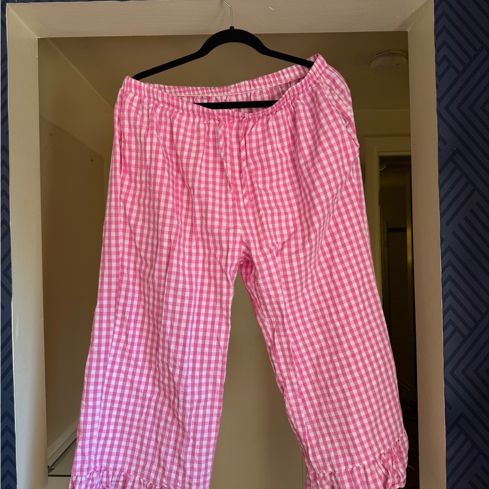 Pink Gingham Cropped Pants with Ruffles